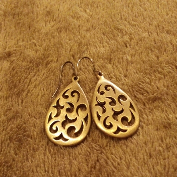 None Jewelry - Ornate Gold Teardrop Earrings